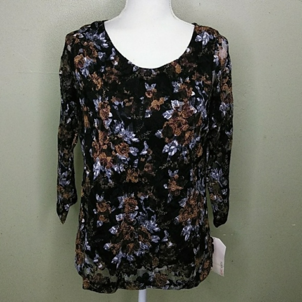 White Stag Black & Brown Lace Top with 3/4 Sleeves - L - NWT